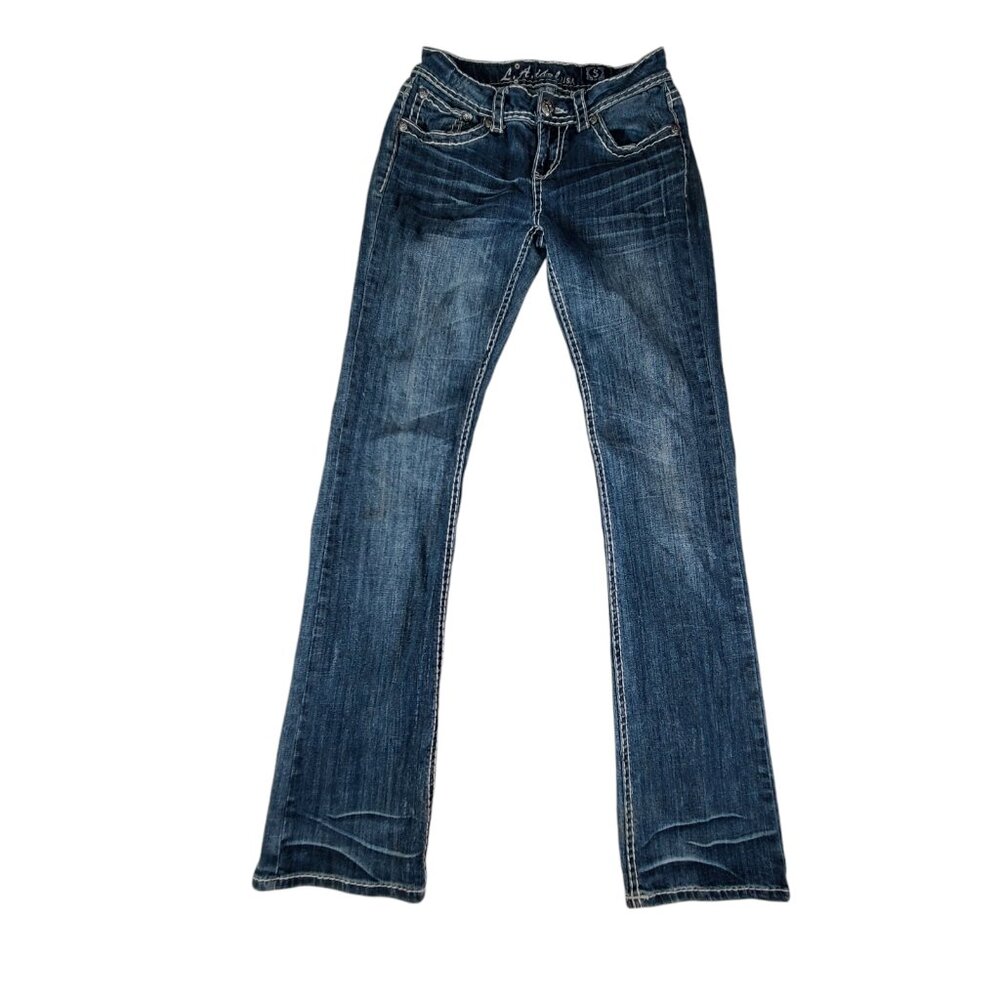 LA IDOL USA Jeans Womens 5 26x32 Thick Stitch Studded Bootcut Whiskered Low Rise